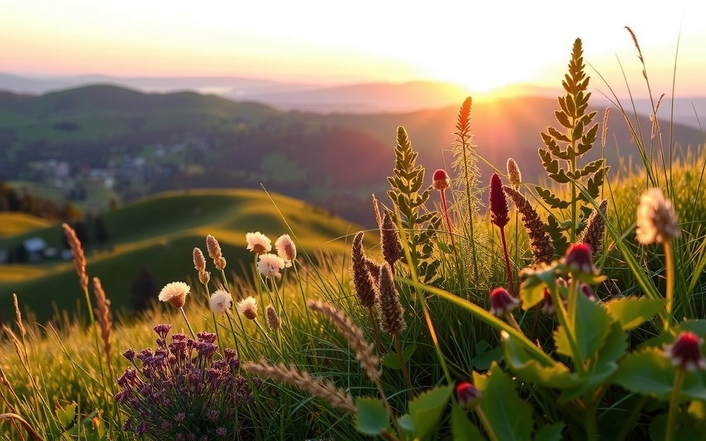 Scenic view of rolling green hills at sunrise, with a diverse array of wild herbs in the foreground, suggesting natural growth and vitality.