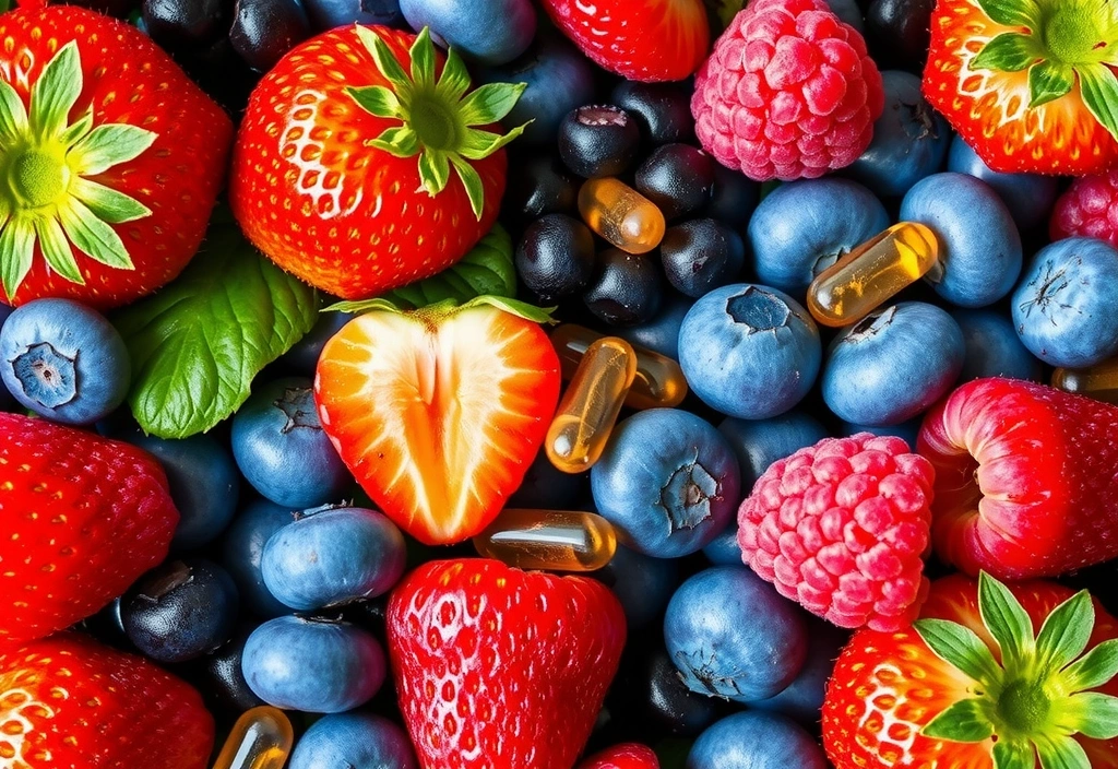 An assortment of fresh, colorful berries and natural supplements, indicating wellness.