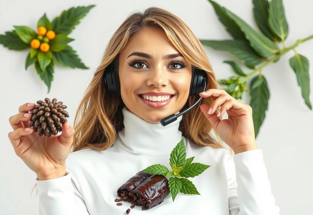 A friendly customer service representative smiling and ready to assist through a headset, surrounded by natural herbal elements and a soft, inviting color palette.