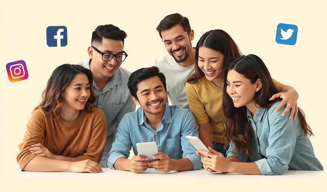 Diverse group of people interacting happily on social media platforms, represented by floating icons like Facebook, Instagram, and Twitter. The image should convey connection, community, and modern digital engagement with a touch of natural elements.