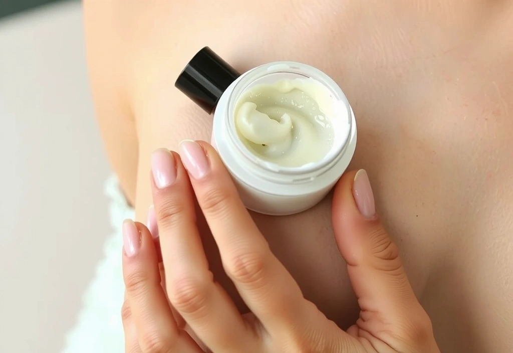 A hand applying a botanical cream to skin with a gentle, caring gesture.
