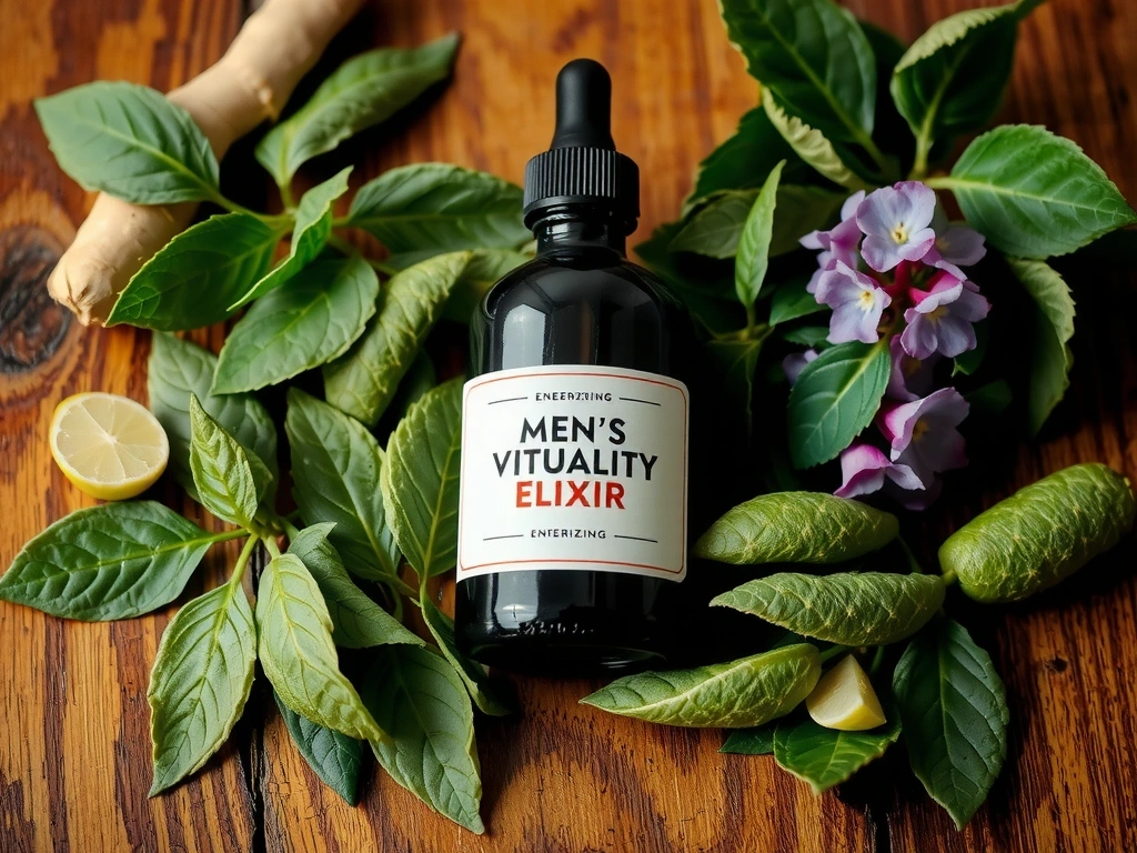 Men's Vitality Elixir bottle with vibrant green herbs