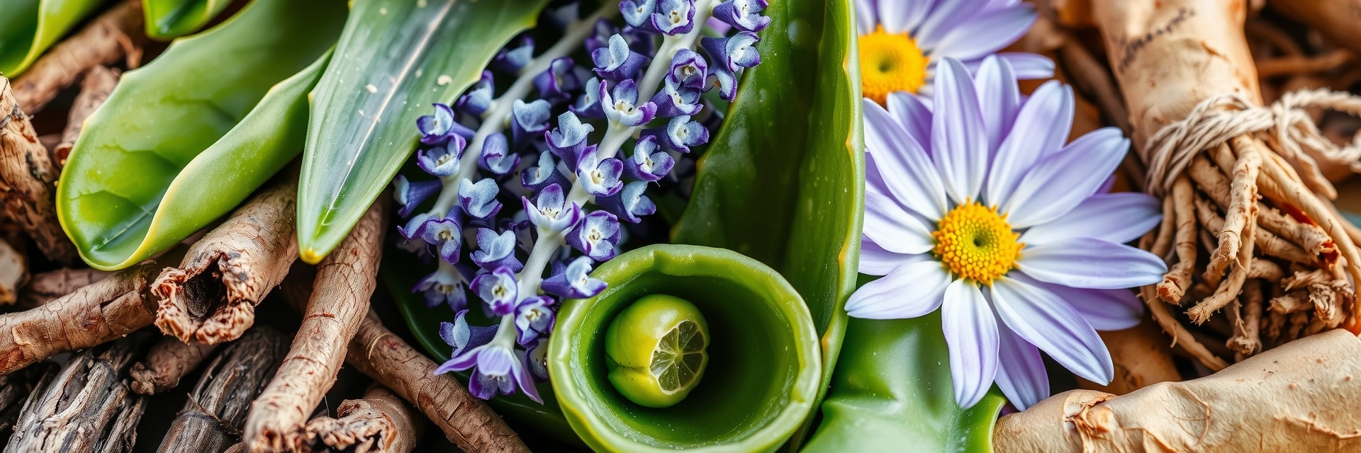 A vibrant collage of various herbs and plants, including lavender, chamomile, aloe vera, and green tea leaves, arranged aesthetically to represent natural purity and vitality.