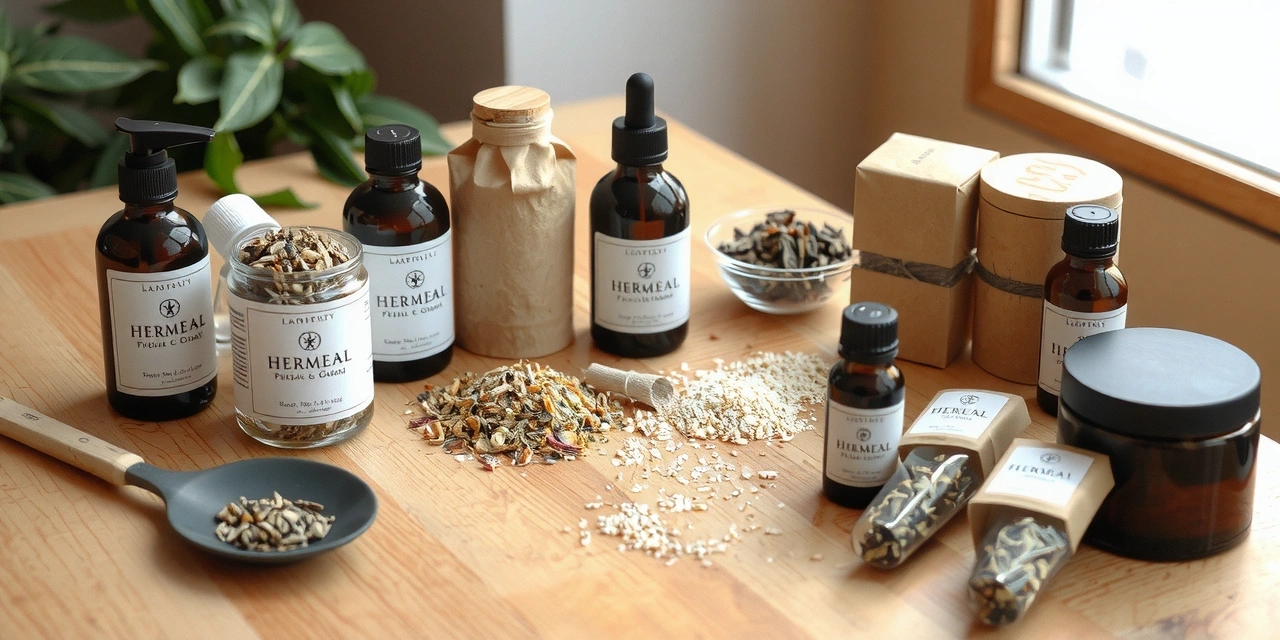 A serene image of various herbal products neatly arranged on a wooden table, featuring glass bottles, dried herbs, and natural packaging, bathed in soft, natural light.