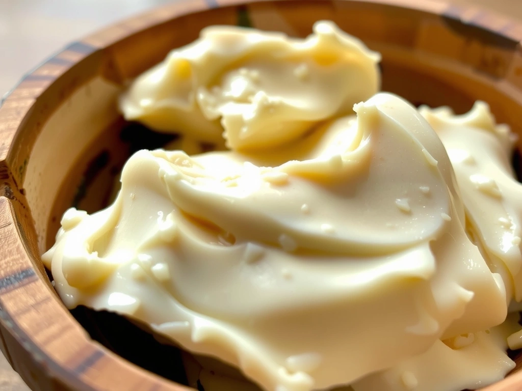 Creamy shea butter in a wooden bowl.