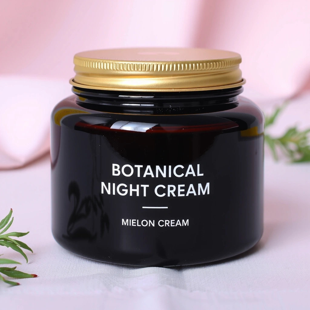 Luxurious dark glass jar of a botanical night cream.