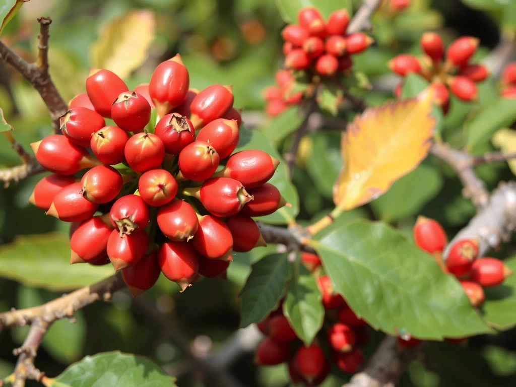 Vibrant red rose hips on a bush.
